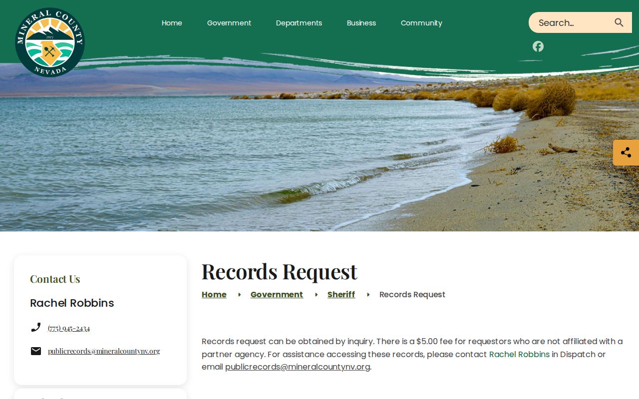 Mineral County records request page showing its fee