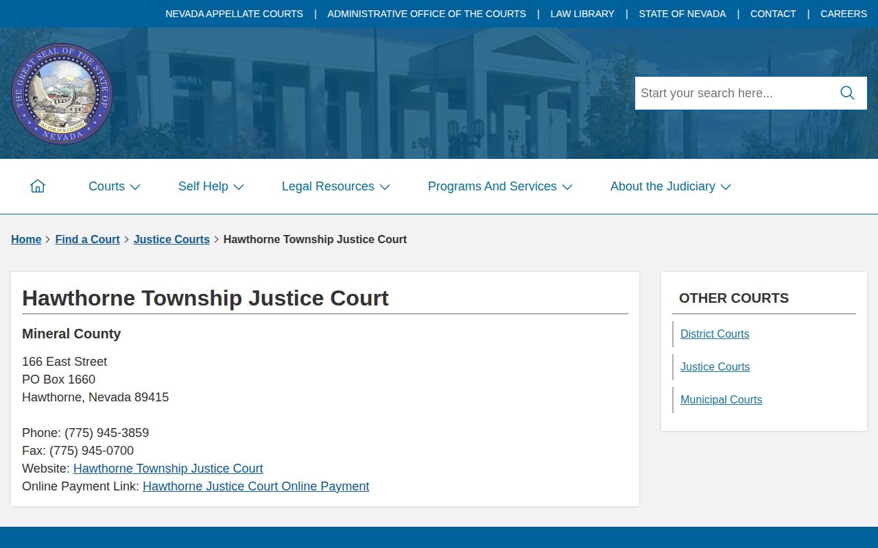Nevada Judiciary listing for Hawthorne Township Justice Court with contact details