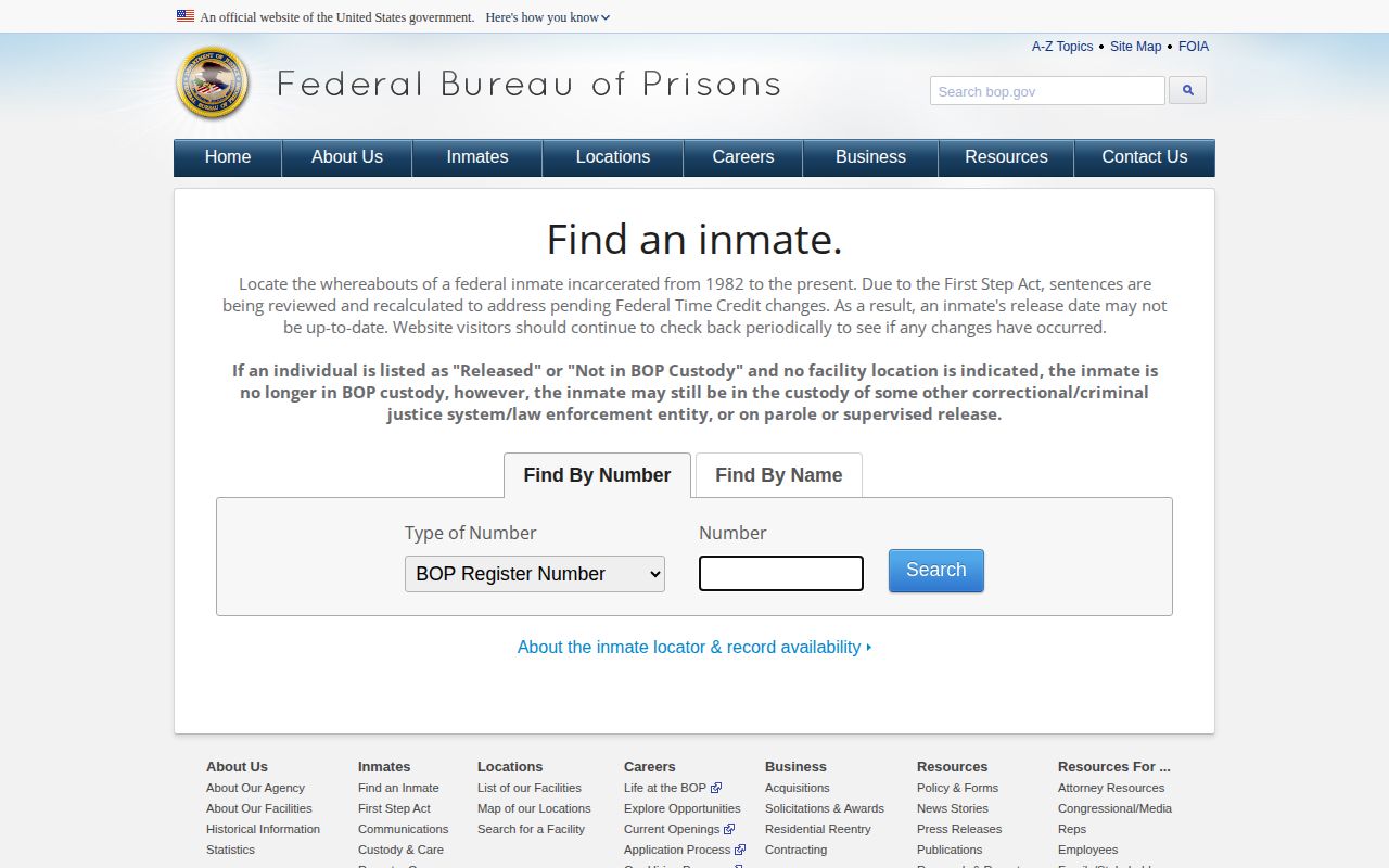 Empty federal Bureau of Prisons inmate locator